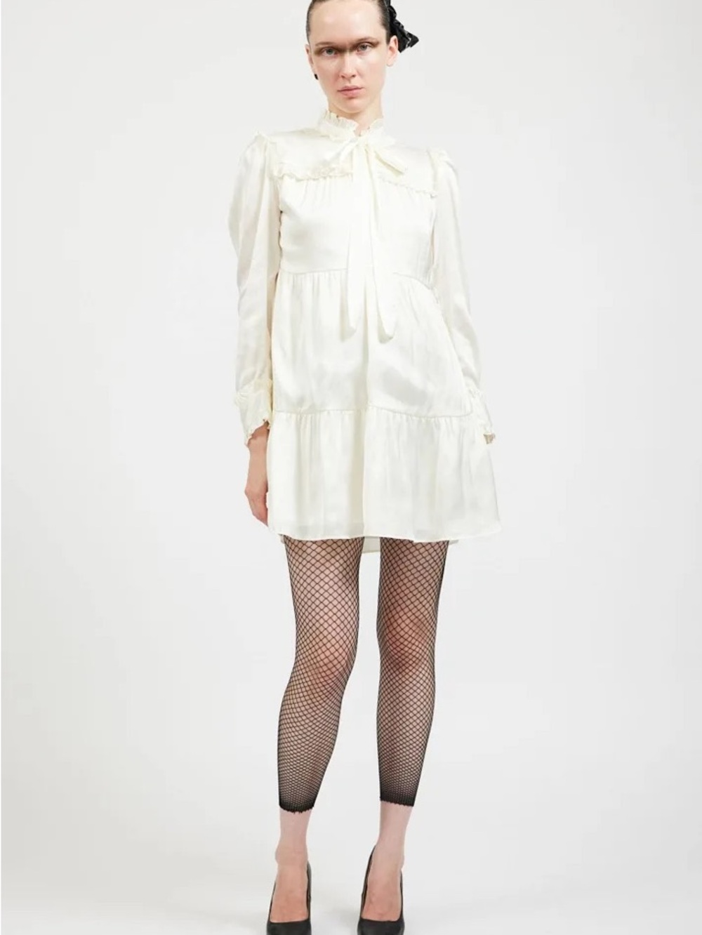 Batsheva Cream Tie-Neck Long-Sleeve Mini Dress